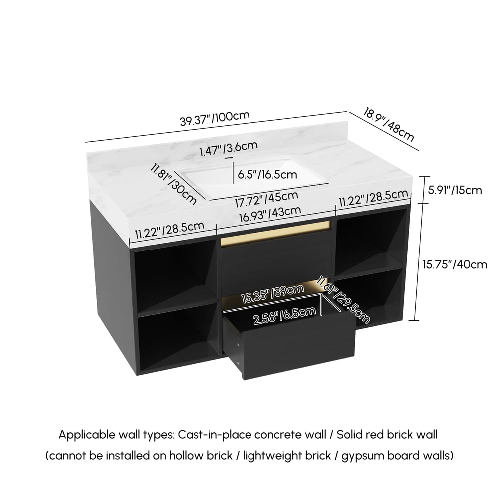 Modern 1001 mm Floating Single Bathroom Vanity with Sink in Black, Sintered Stone Top weights dimensions image