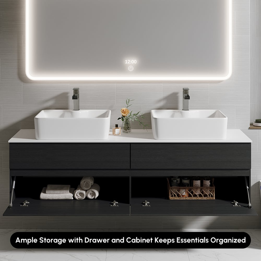 Modern 150 cm Floating Double Bathroom Vanity with Stone Resin Top, Ceramic Basin window image