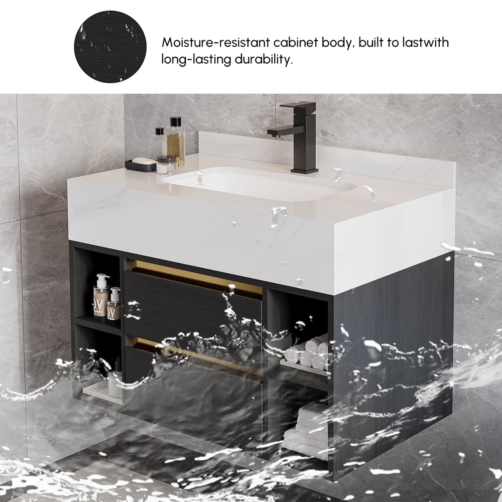 Modern 800 mm Floating Single Bathroom Vanity with Sink in Black, Sintered Stone Top window image