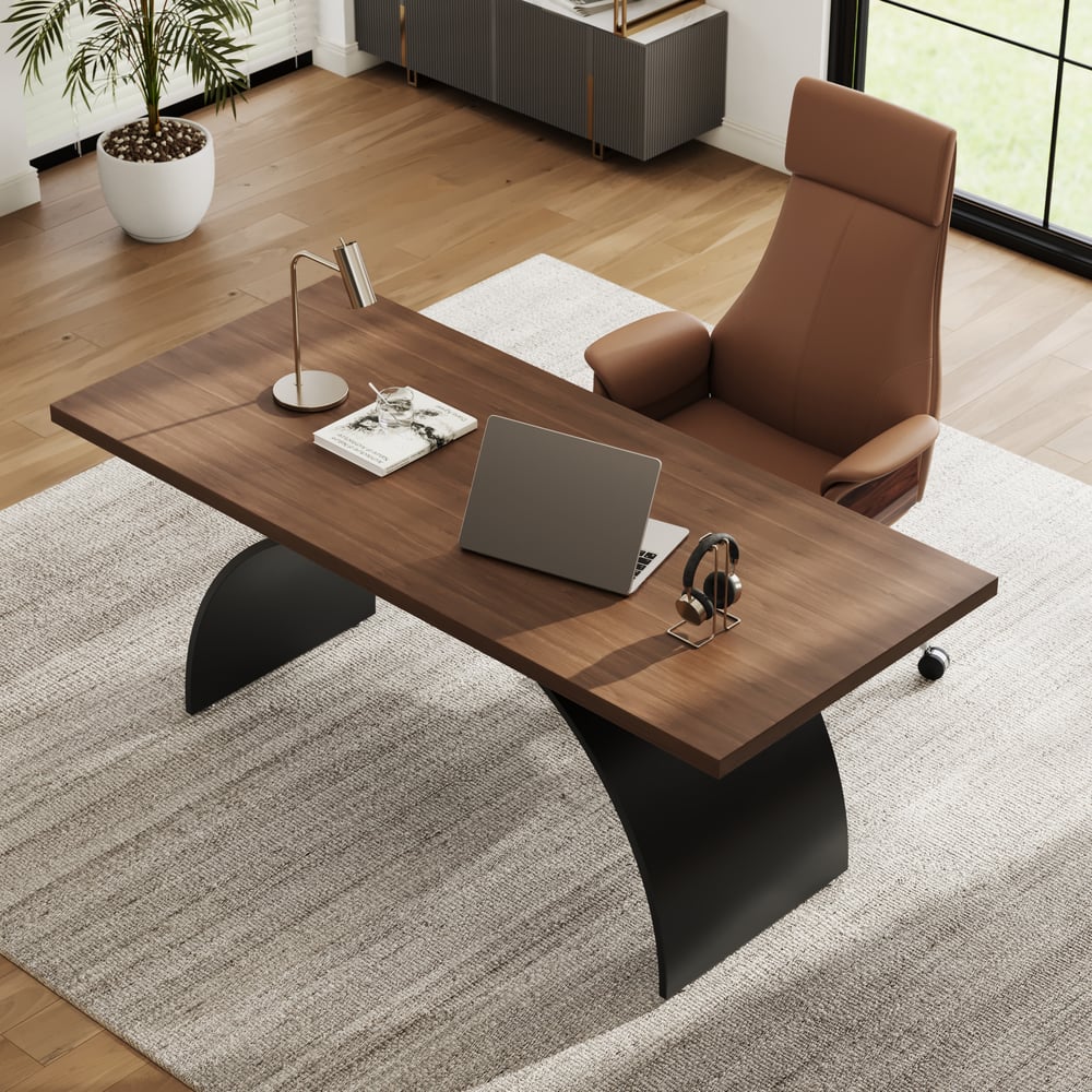 Industrial 71" Rectangular Walnut Wood Desk with Metal Base window image