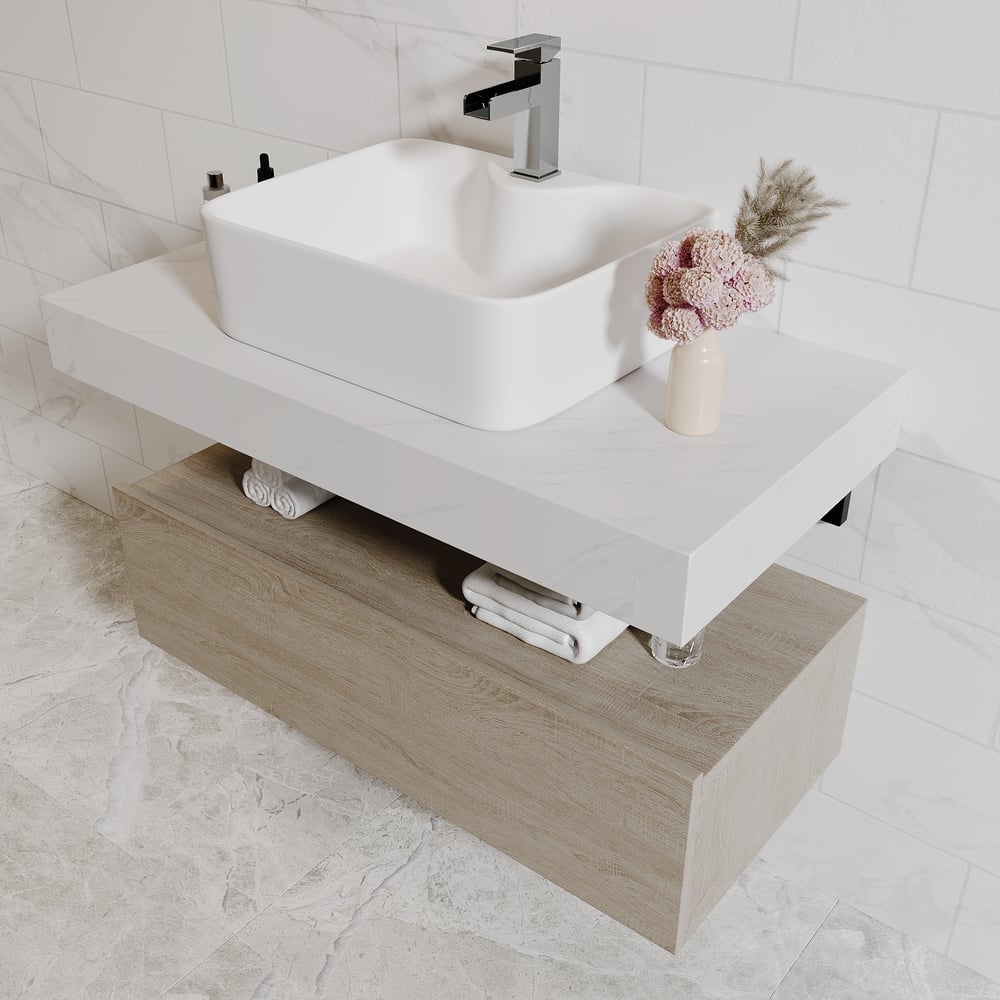 Modena 90 cm schwebender Einzel-Badezimmer-Waschtisch mit Waschbecken, Arbeitsplatte aus gesintertem Stein Schaufensterbilder