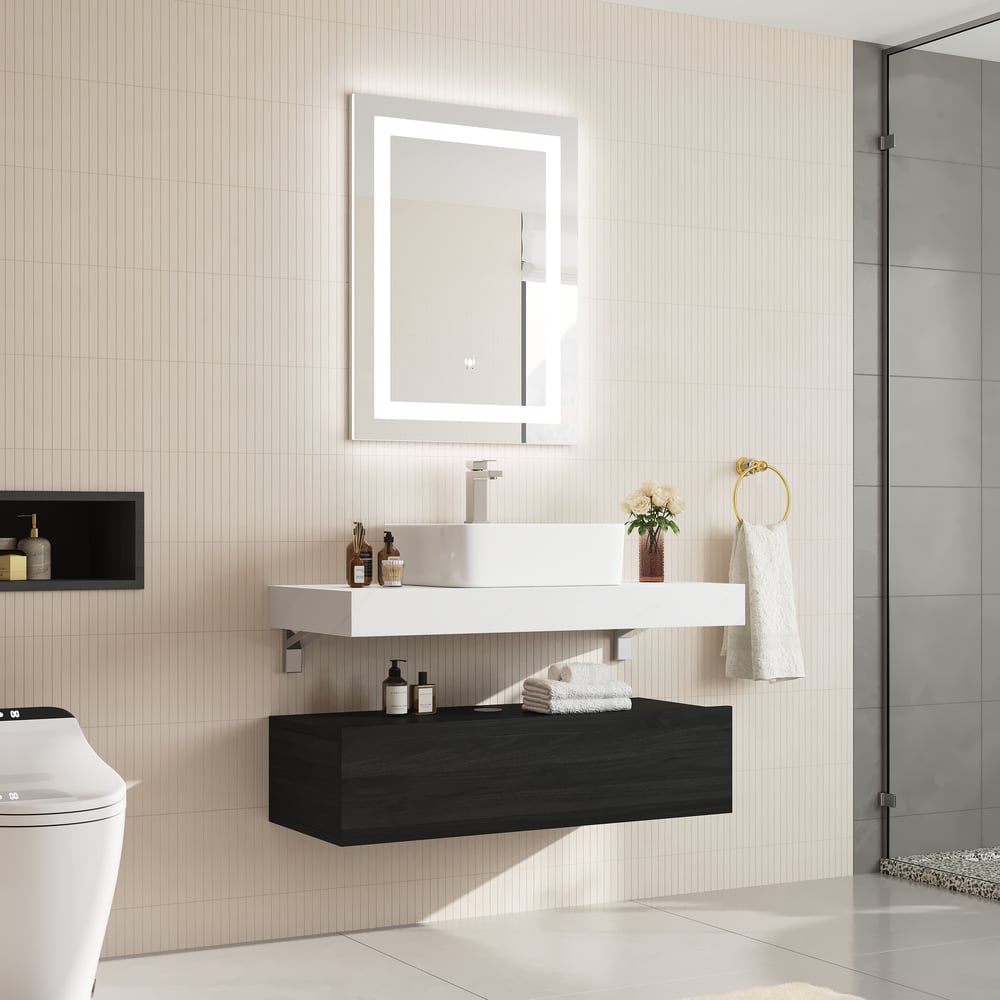 Modena mobile bagno sospeso singolo da 100 cm con lavabo e piano in pietra sinterizzata Immagine della finestra