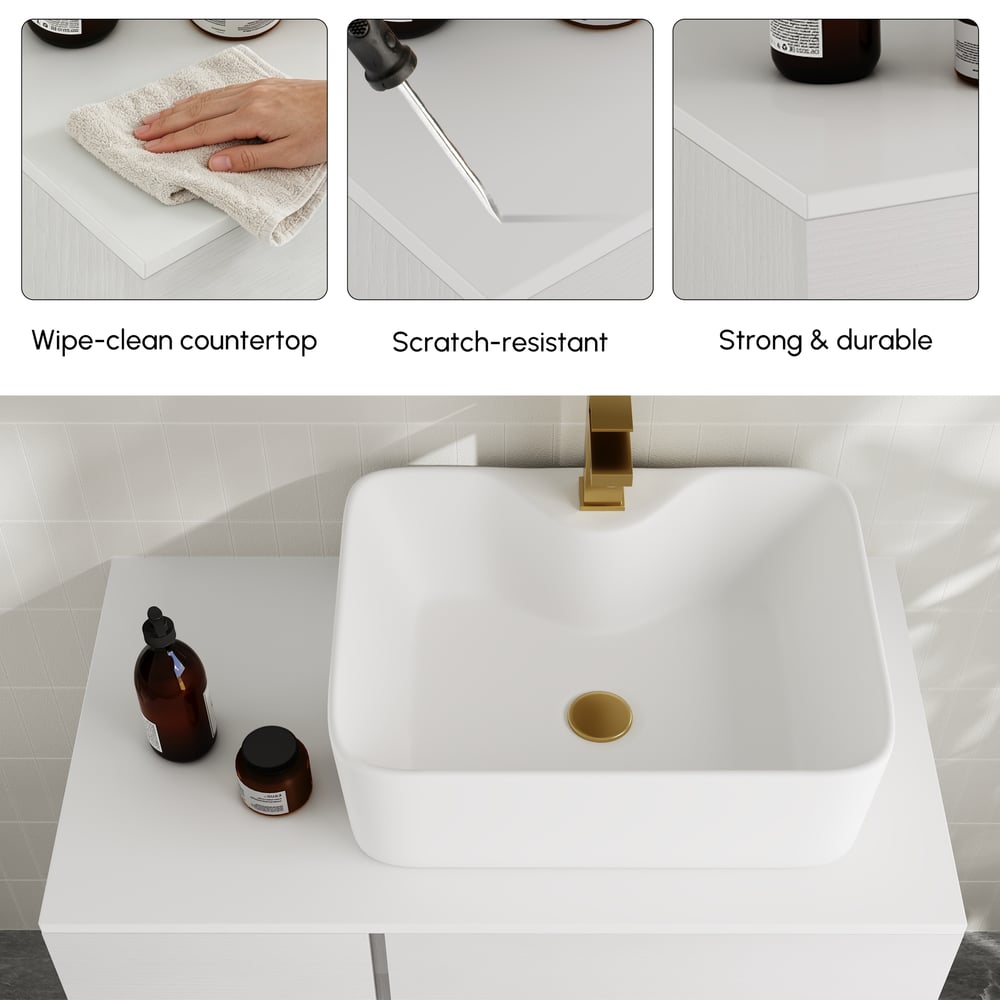 Meuble-lavabo simple de salle de bain flottant moderne de 80 cm avec plateau en résine de pierre, vasque en céramique image de fenêtre