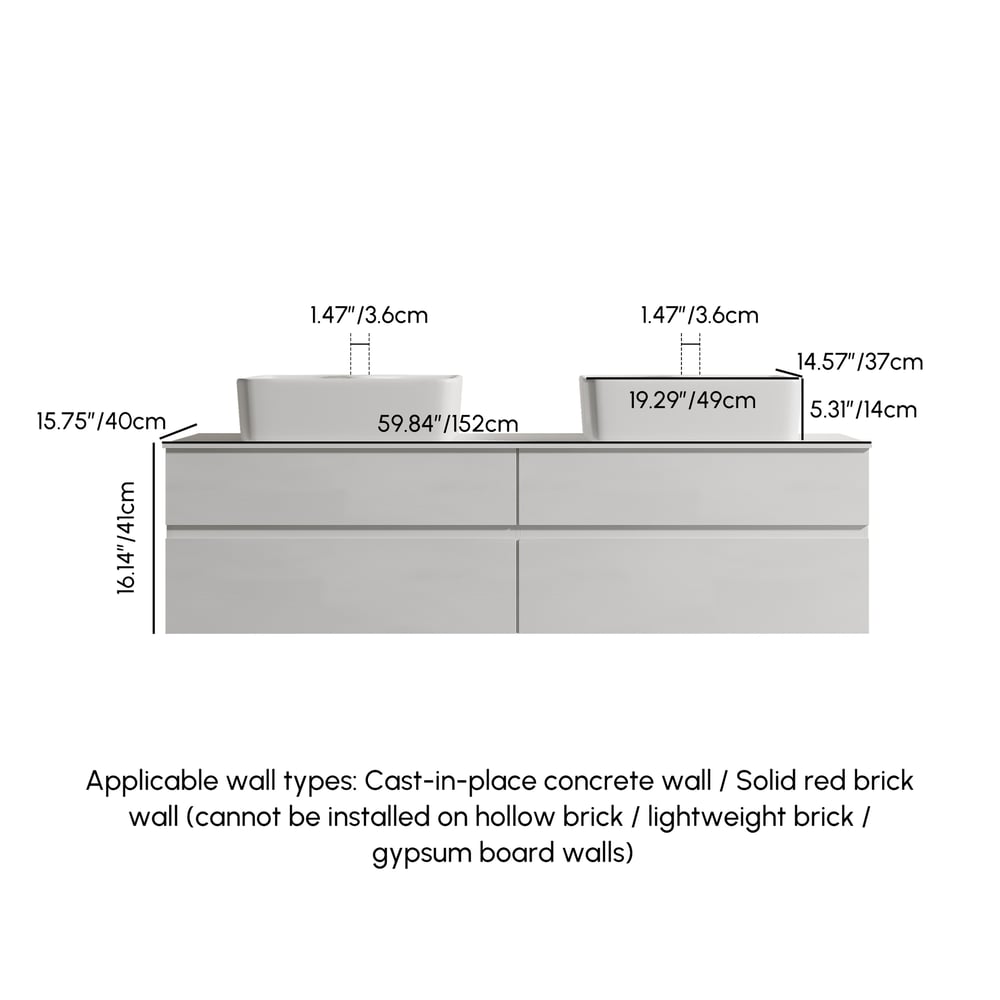 Moderne hangende dubbele wastafelonderkast van 150 cm met steenhars blad en keramische wasbak Afbeelding met gewichten en afmetingen