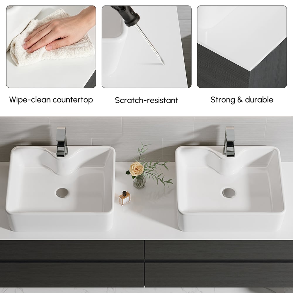Modern 150 cm Floating Double Bathroom Vanity with Stone Resin Top, Ceramic Basin window image