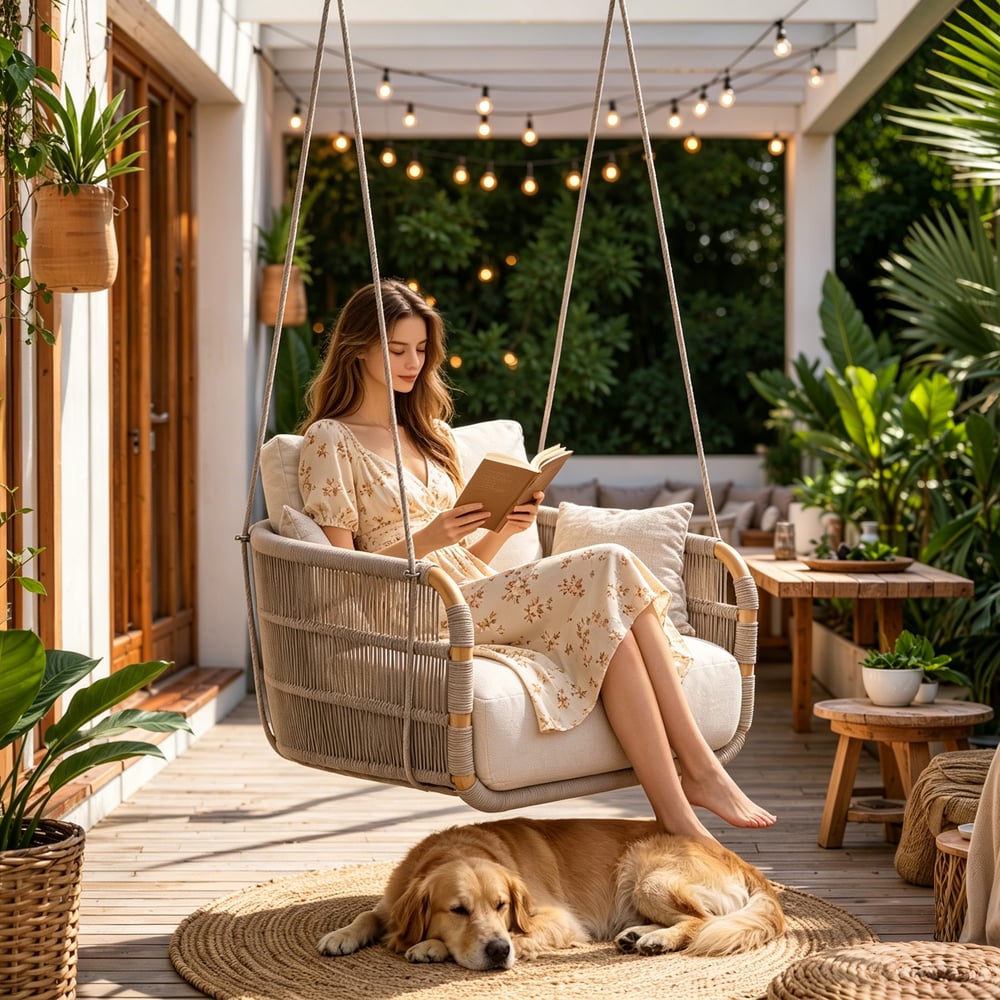 Costra Aluminium and Handwoven Rope Patio Hanging Swing Chair Single Seater window image