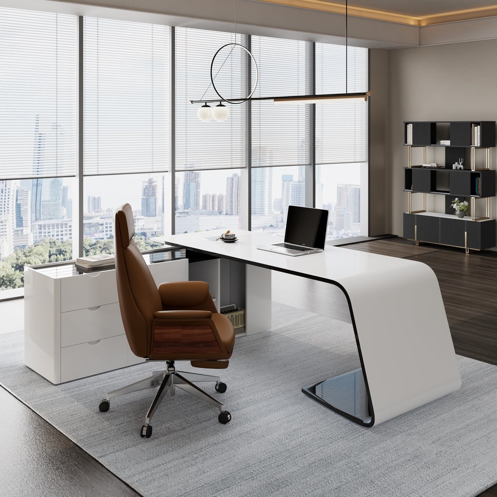 L-Shaped Left Hand Modern White Office Desk with Storage window image