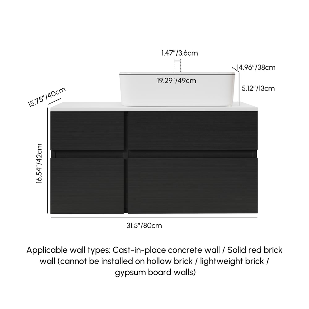 Modernes hängendes Einzel-Waschbeckenunterschrank 80 cm mit Steinharzplatte und Keramikbecken Bild der Gewichte & Abmessungen