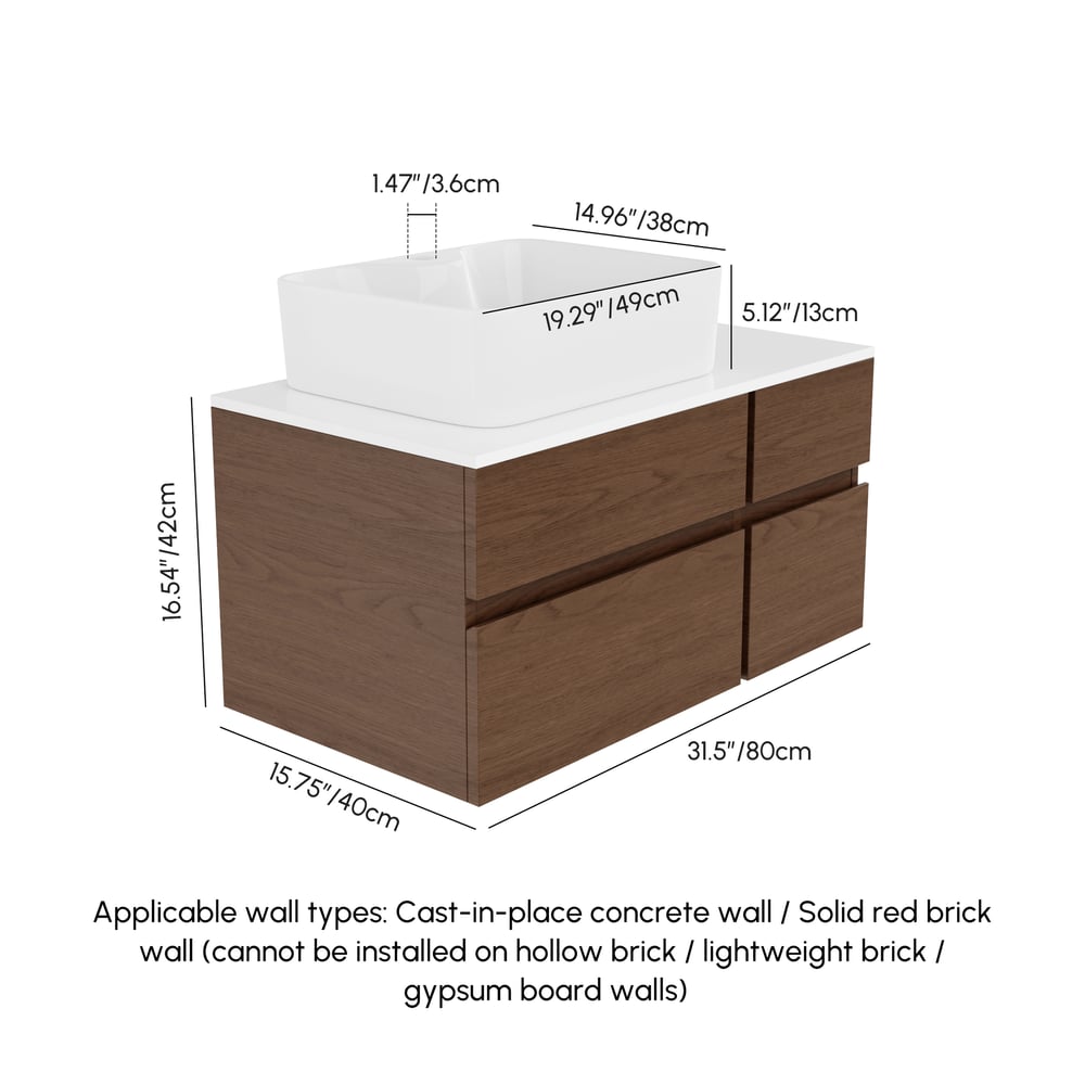 Modern 31.5" Floating Single Bathroom Vanity with Stone Resin Top, Ceramic Basin weights dimensions image