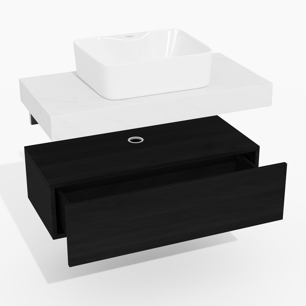 Meuble-lavabo simple flottant Modena de 90 cm avec évier, plan en pierre frittée image de fenêtre