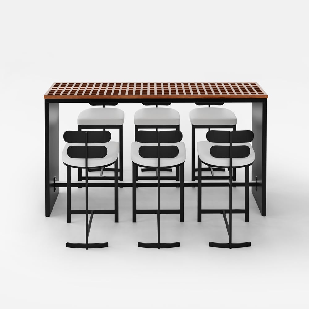 Set da pranzo da bar Grida da 7 pezzi per esterni in teak e alluminio con 6 sgabelli da bar Immagine della finestra
