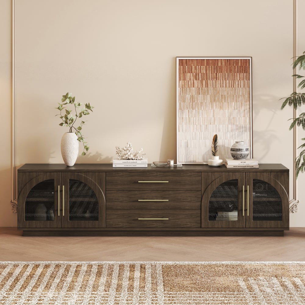 Arune 80" Arched Glass Doors Smoked Brown TV Stand with Storage and LED window image