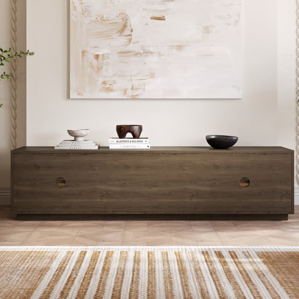 Arune 80" Arched Glass Doors Smoked Brown TV Stand with Storage and LED window image