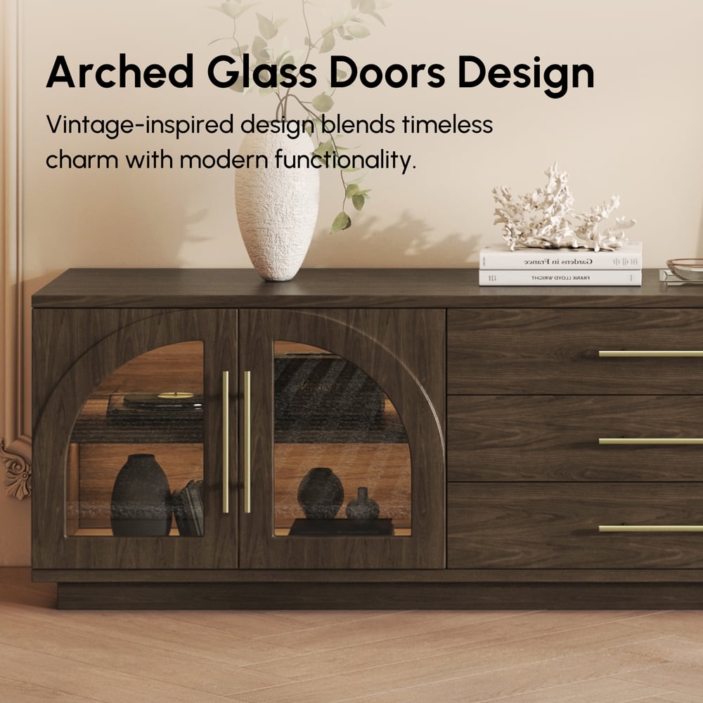 Arune 80" Arched Glass Doors Smoked Brown TV Stand with Storage and LED window image