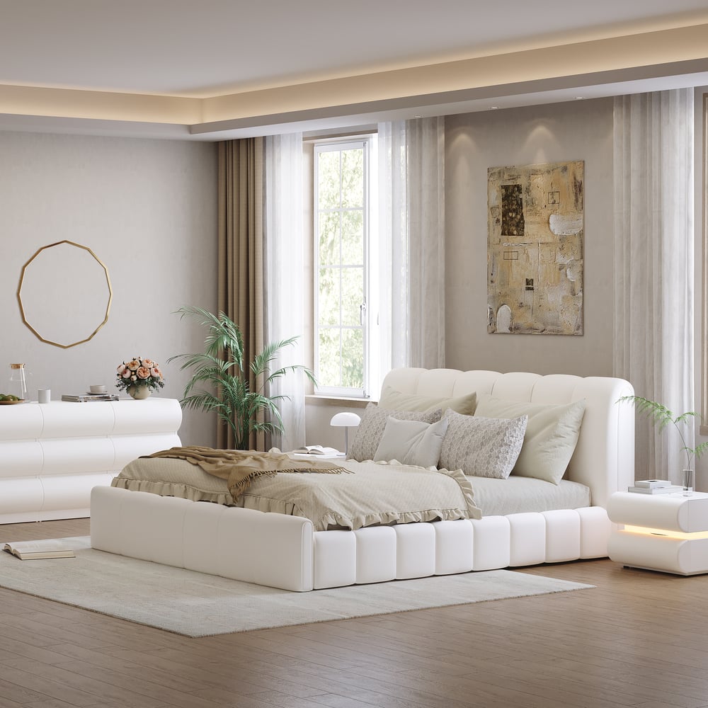 Humply Modern Queen White Leather Upholstered Bed Frame window image