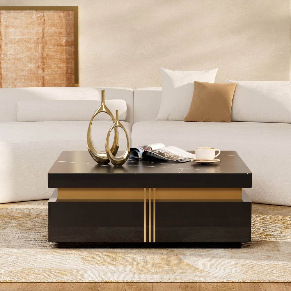 Modern 1092 mm Black Square Storage Coffee Table with Sintered Stone Top & 4 Drawers window image