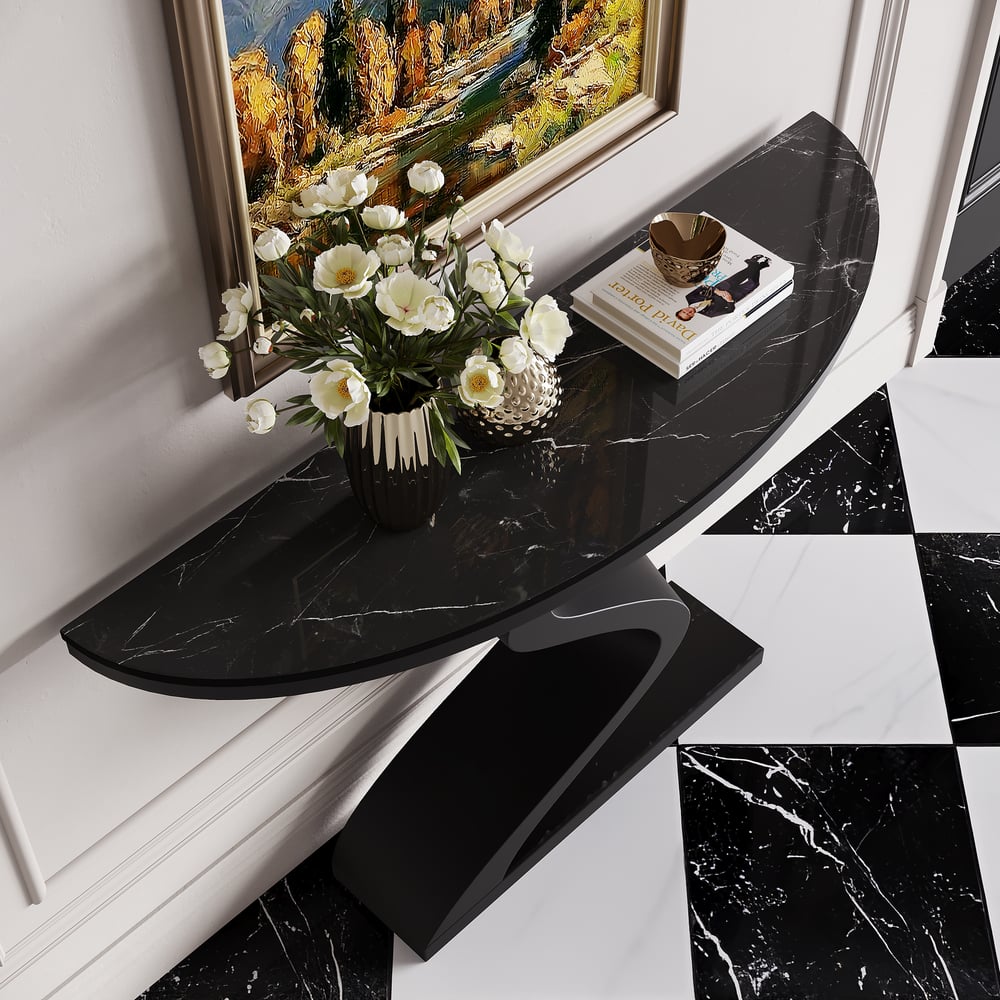 Console demi-lune moderne avec plateau en pierre frittée, 100 cm image de fenêtre