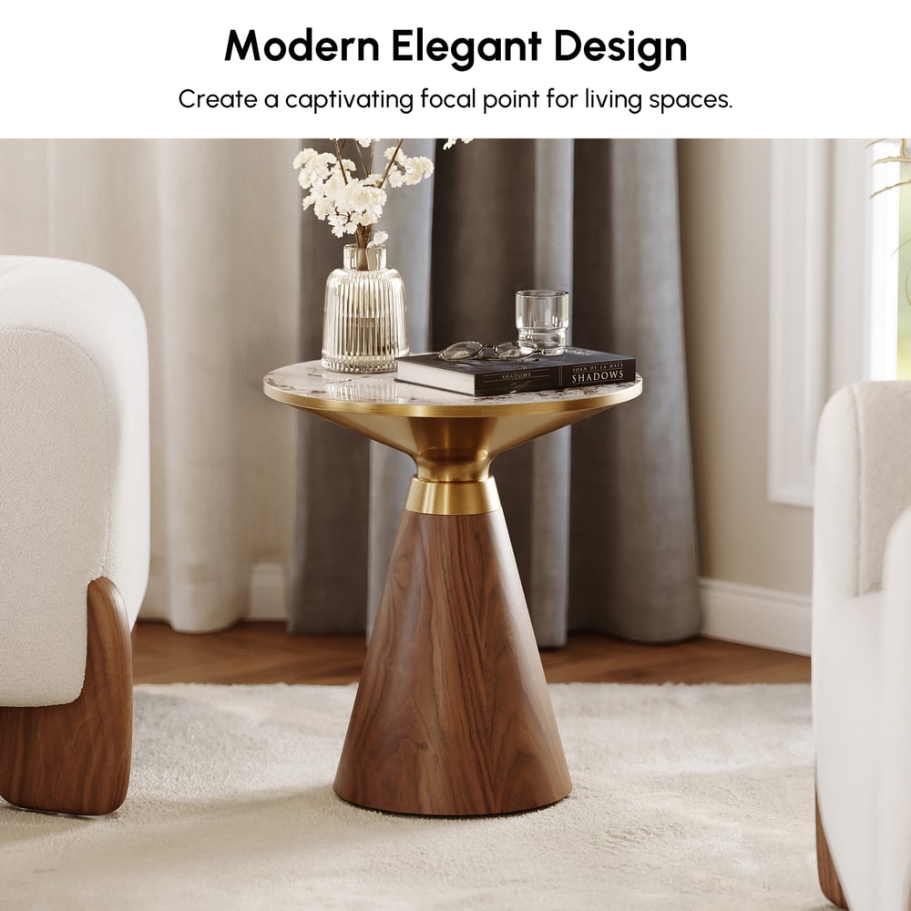 Table d'appoint colonne moderne Sculra en noyer avec plateau en pierre frittée, Diamètre 50 cm x H 58 cm image de fenêtre