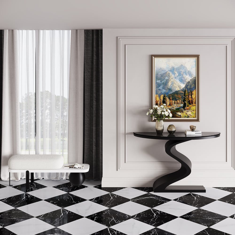 Console demi-lune moderne avec plateau en pierre frittée, 100 cm image de fenêtre