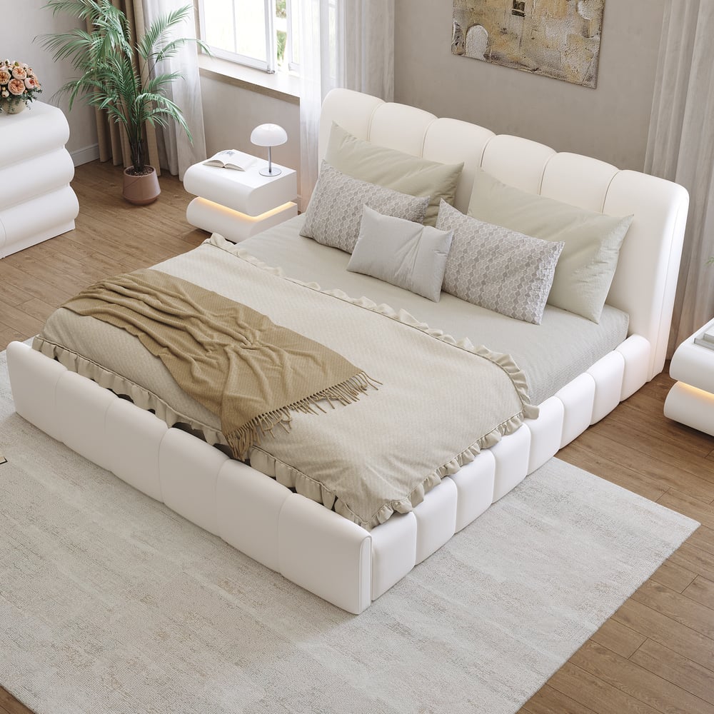 Humply Modern Queen White Leather Upholstered Bed Frame window image