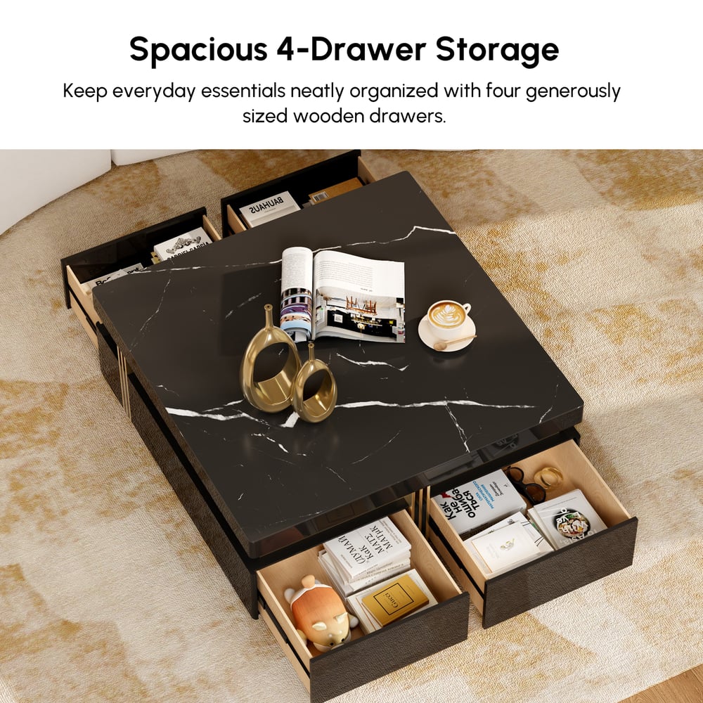 Modern 1092 mm Black Square Storage Coffee Table with Sintered Stone Top & 4 Drawers window image