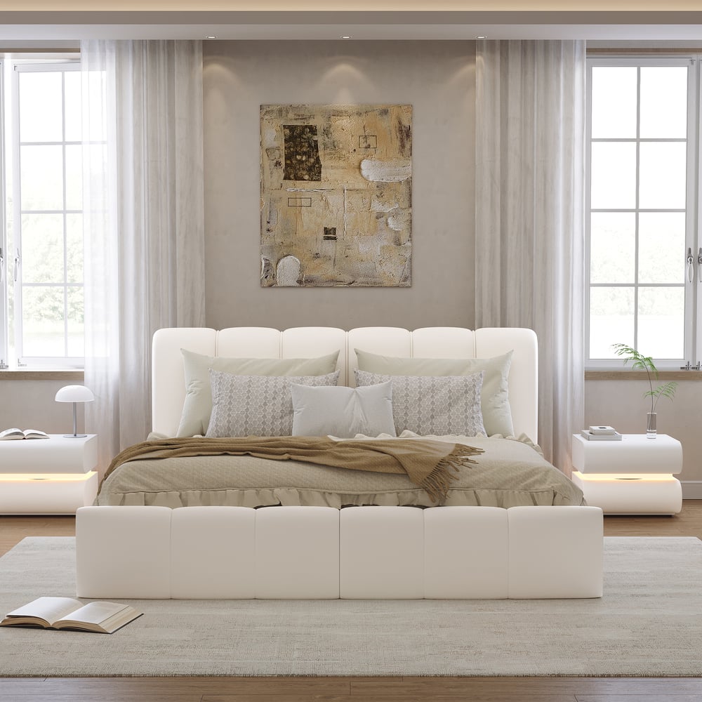 Humply Modern Queen White Leather Upholstered Bed Frame window image