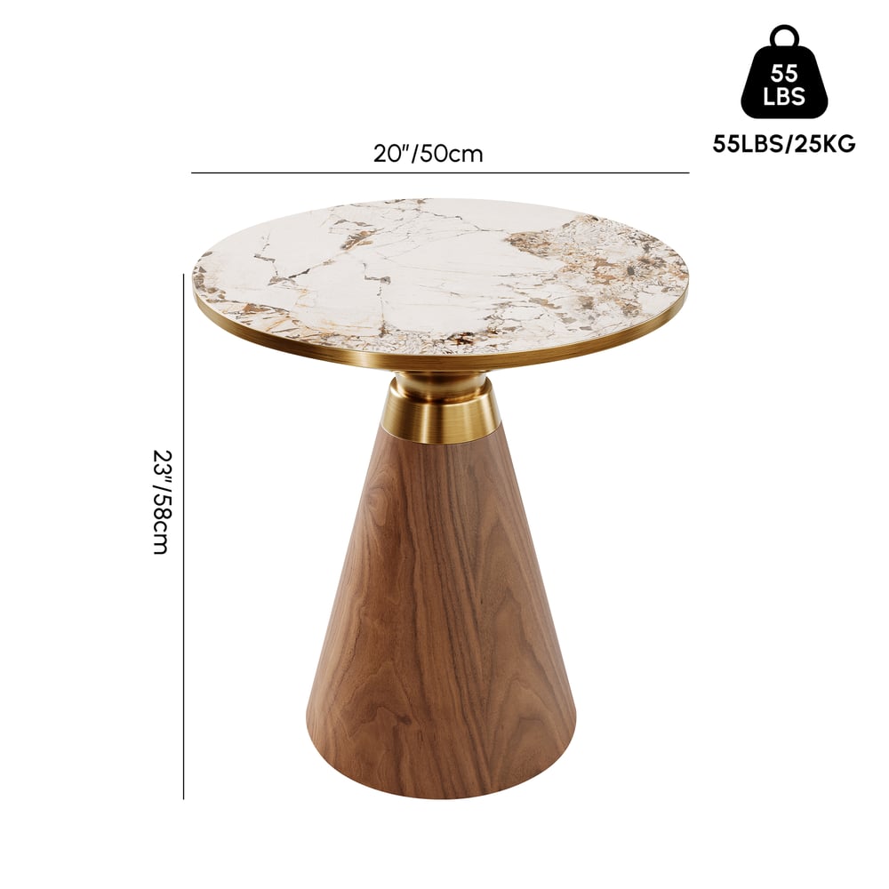 Table d'appoint colonne moderne Sculra en noyer avec plateau en pierre frittée, Diamètre 50 cm x H 58 cm Poids, dimensions, image