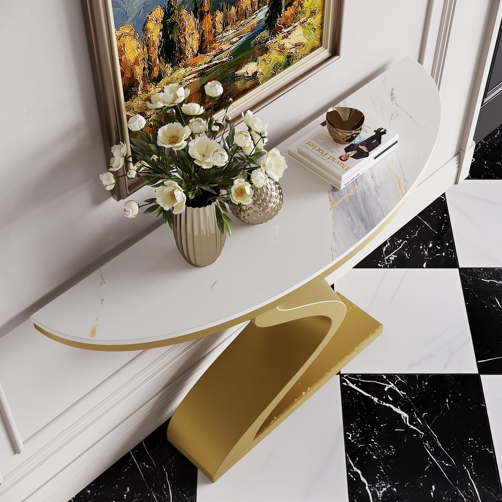 Moderní půlměsíční konzolový stolek s bílou deskou ze slinutého kamene, 100 cm obrázek okna