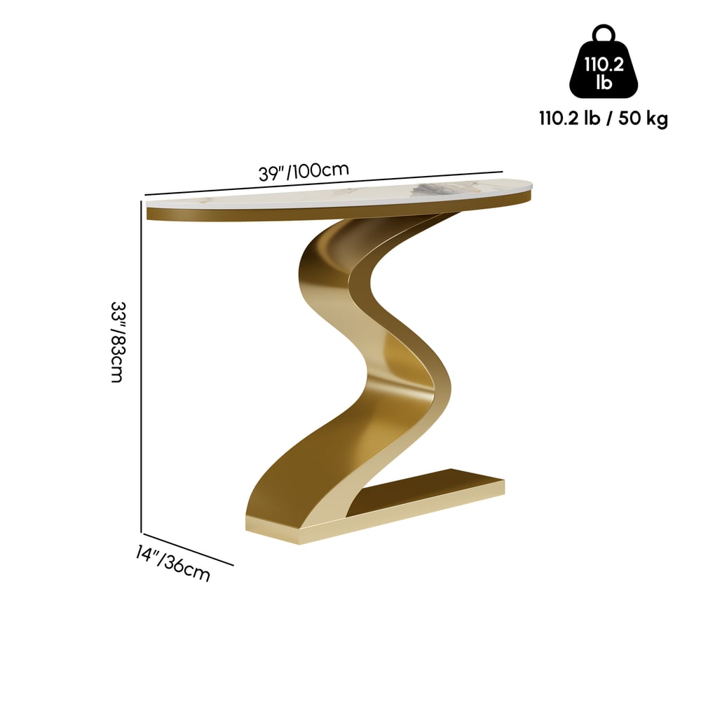 Moderní půlměsíční konzolový stolek s bílou deskou ze slinutého kamene, 100 cm váhy a rozměry obrázku