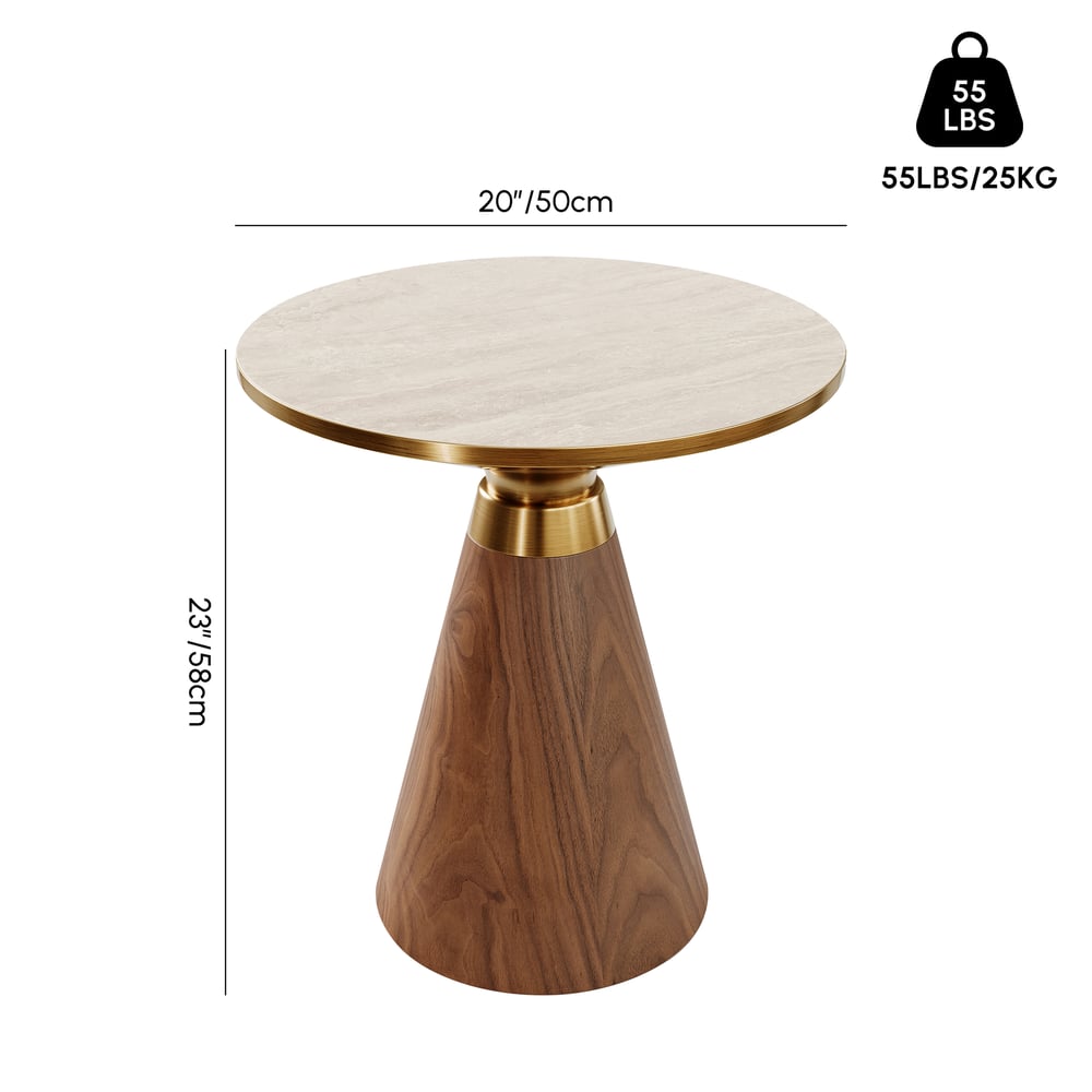 Moderní sloupový odkládací stolek Sculra v ořechu s deskou v imitaci travertinu, Ø 50 x V 58 cm váhy a rozměry obrázku