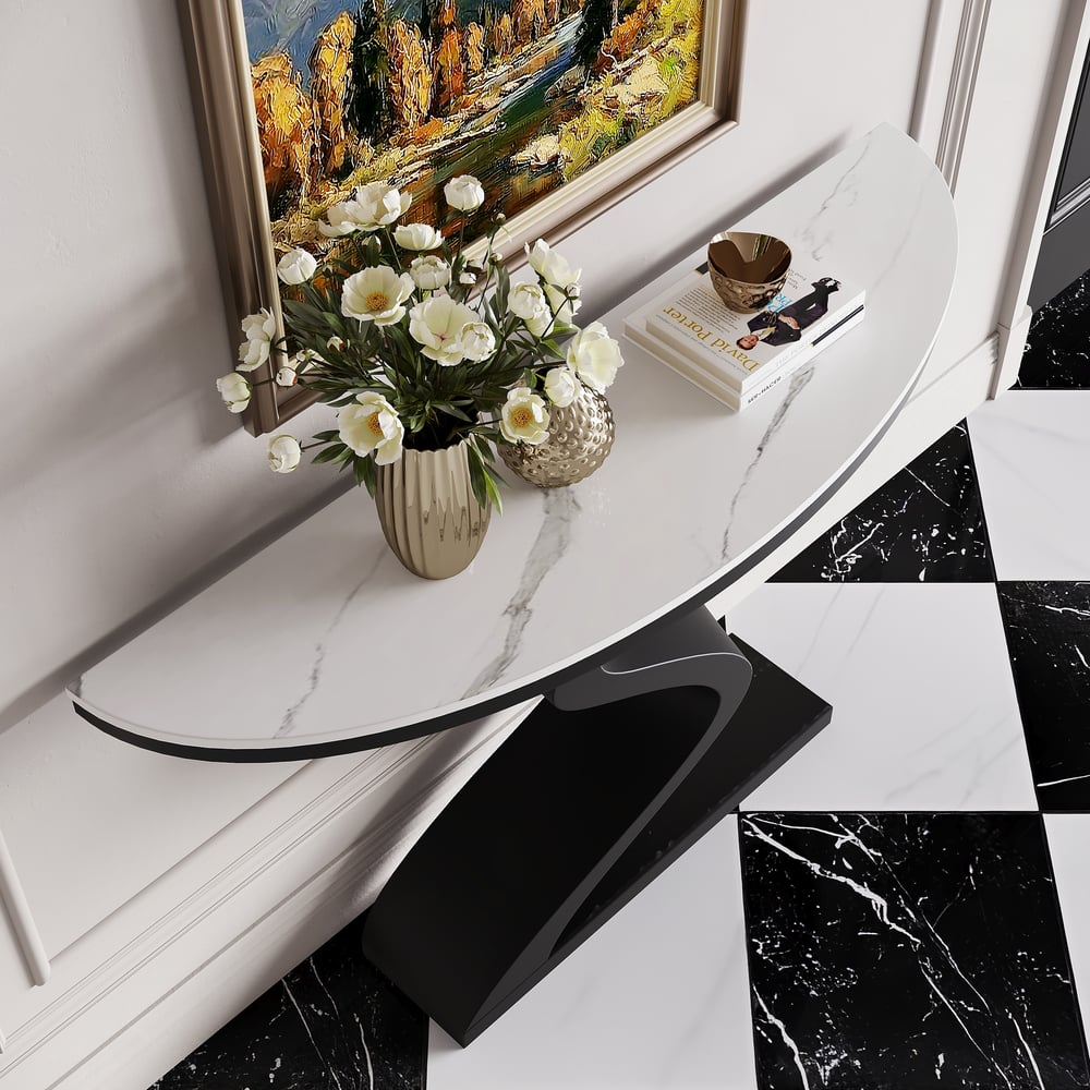 Moderní půlměsíční konzola s bílou deskou ze slinutého kamene, 100 cm obrázek okna