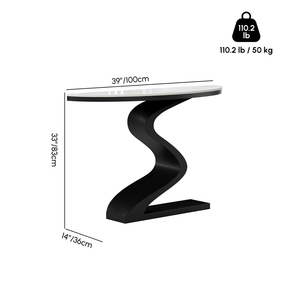 Moderní půlměsíční konzola s bílou deskou ze slinutého kamene, 100 cm váhy a rozměry obrázku