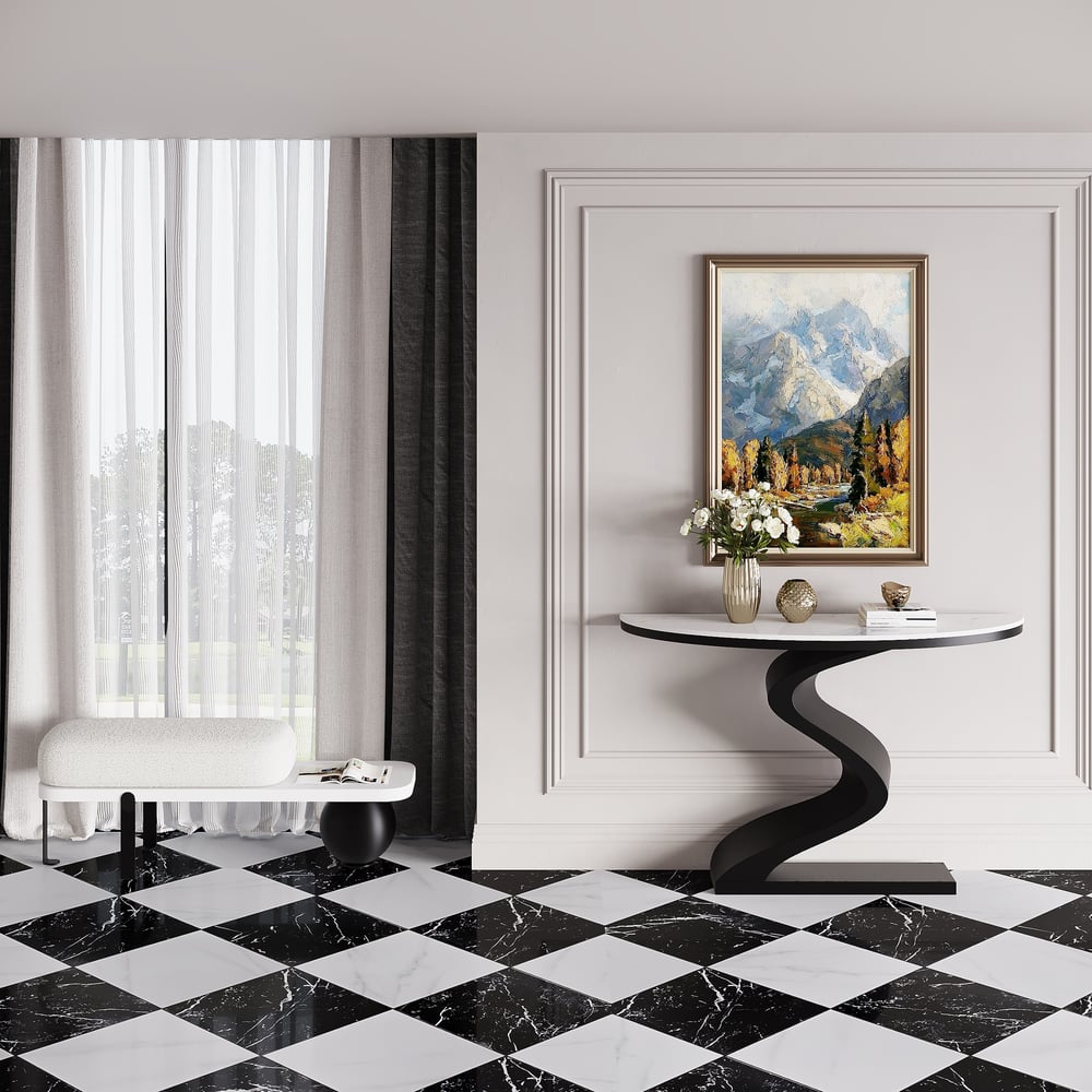 Moderní půlměsíční konzola s bílou deskou ze slinutého kamene, 100 cm obrázek okna
