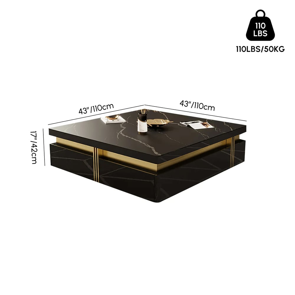 Modern 1092 mm Black Square Storage Coffee Table with Sintered Stone Top & 4 Drawers weights dimensions image