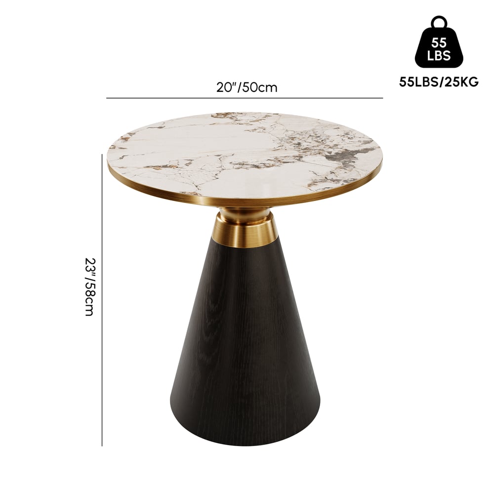 Moderne bijzettafel van 58 cm in zwart met gesinterd stenen blad Afbeelding met gewichten en afmetingen