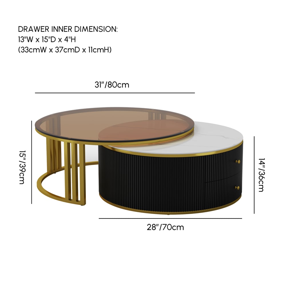 Grovyn 28"-32" Round Nesting Coffee Table Set with Sintered Stone Top weights dimensions image