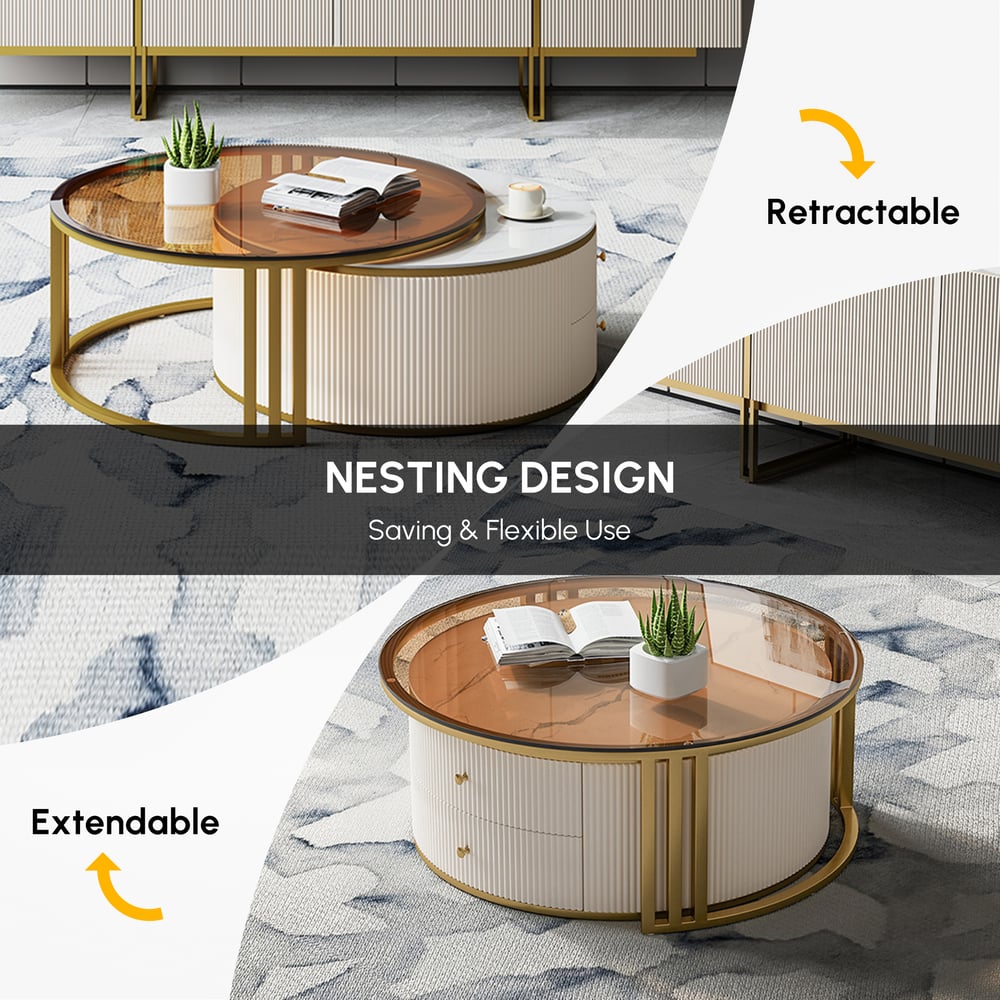 Grovyn 28"-32" Round Nesting Coffee Table Set with Sintered Stone Top window image