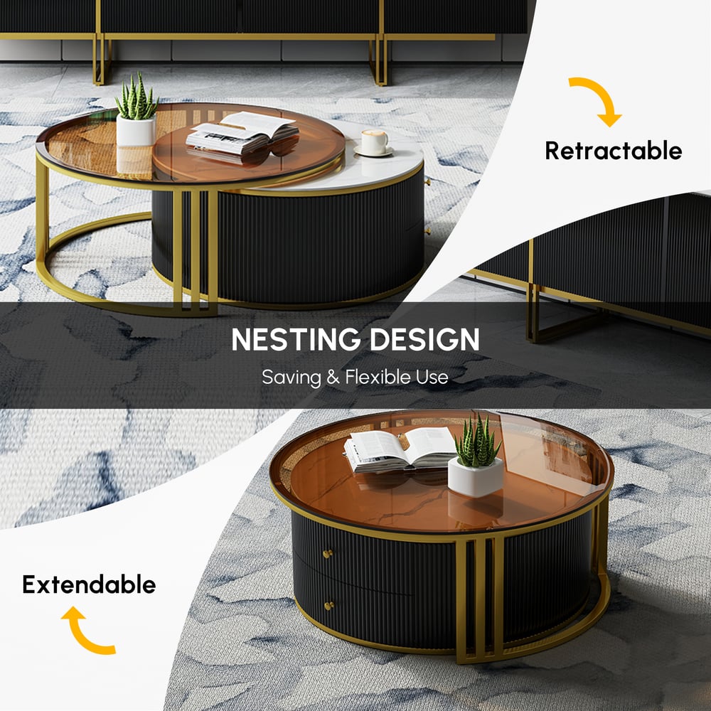 Grovyn 28"-32" Round Nesting Coffee Table Set with Sintered Stone Top window image
