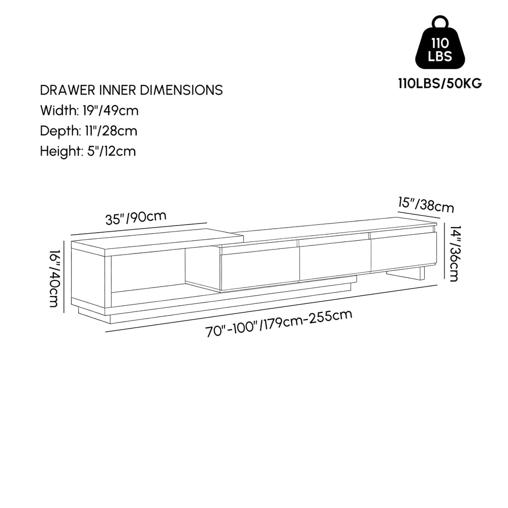 Quoint 71"-100" Extendable TV Stand with 3 Drawers weights dimensions image