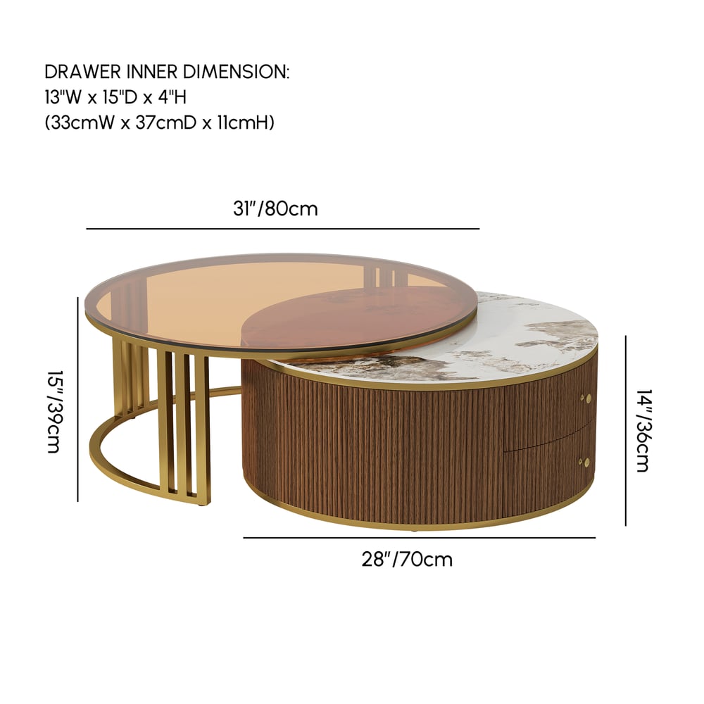 Grovyn 28"-32" Round Nesting Coffee Table Set with Sintered Stone Top weights dimensions image