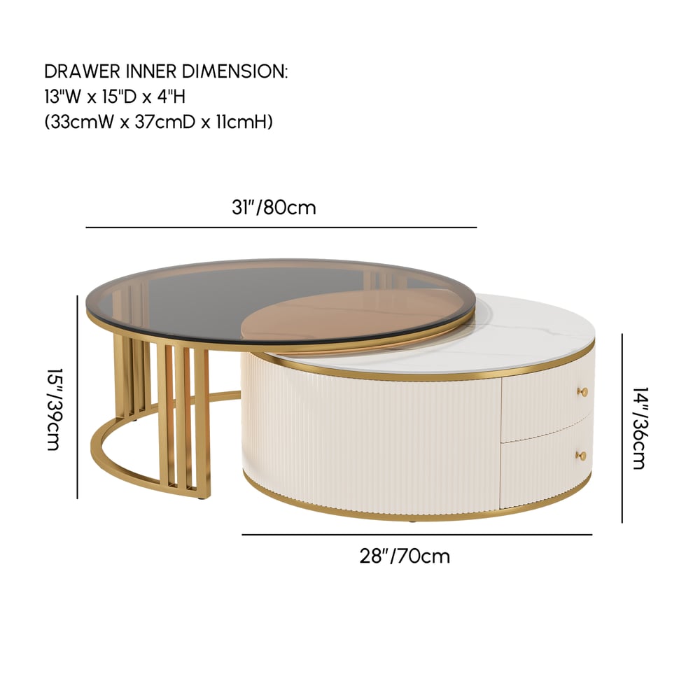 Grovyn 28"-32" Round Nesting Coffee Table Set with Sintered Stone Top weights dimensions image