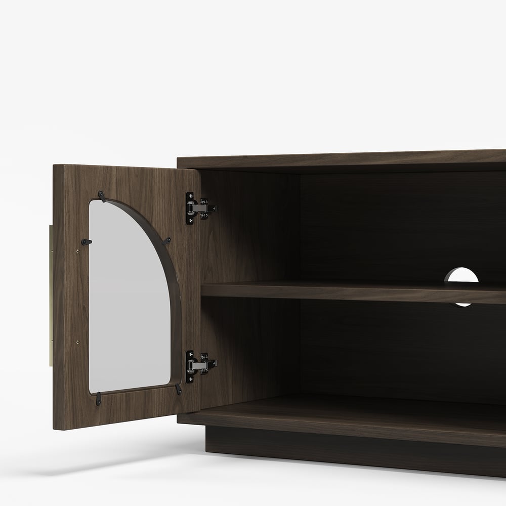 Arune 72" Arched Glass Doors Smoked Brown TV Stand with Storage and LED window image
