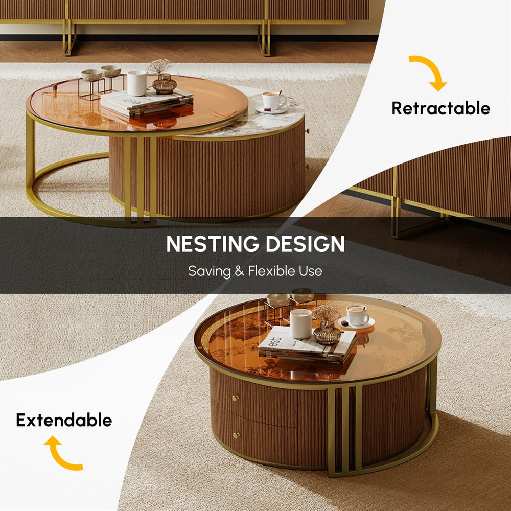 Grovyn 28"-32" Round Nesting Coffee Table Set with Sintered Stone Top window image