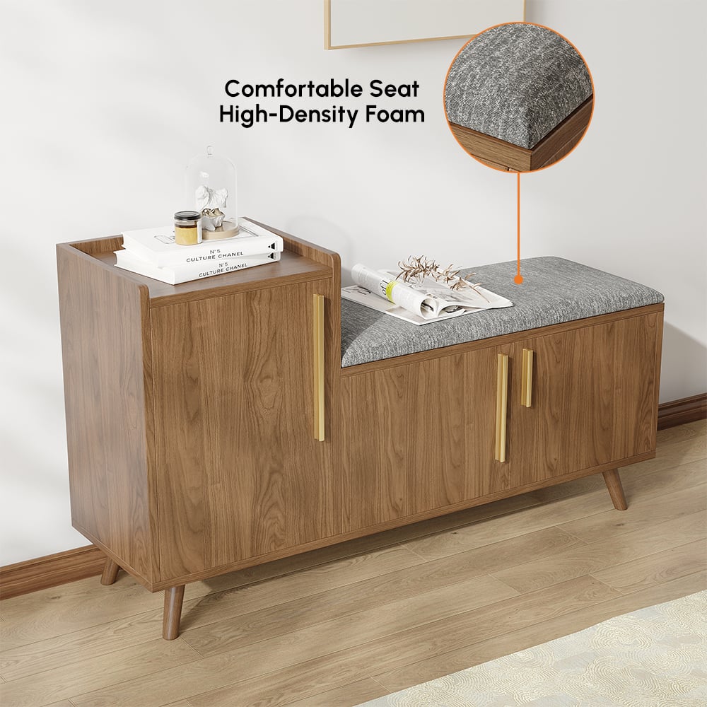 Walnut Wooden Shoe Storage Bench with Left-Side Cabinet for Entryway (1200mm) window image