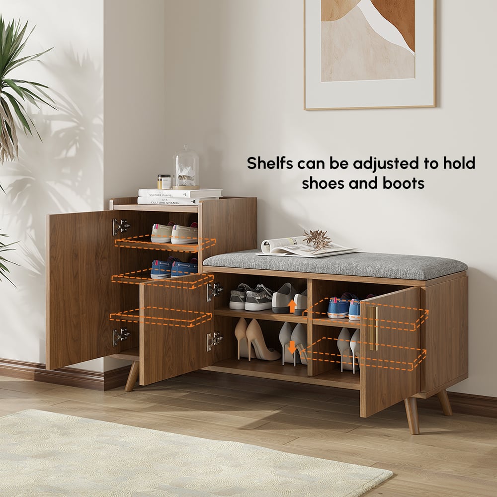 Walnut Wooden Shoe Storage Bench with Left-Side Cabinet for Entryway (1200mm) window image