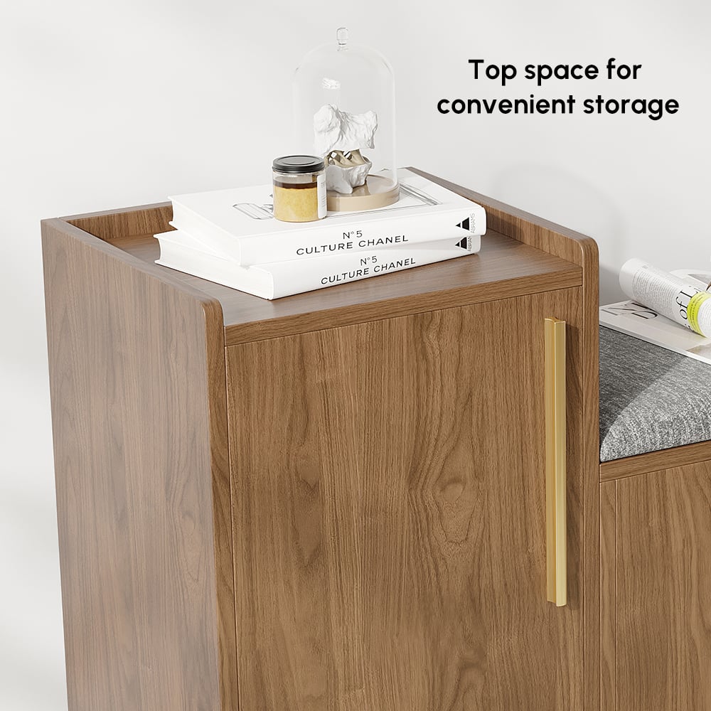 Walnut Wooden Shoe Storage Bench with Left-Side Cabinet for Entryway (1200mm) window image