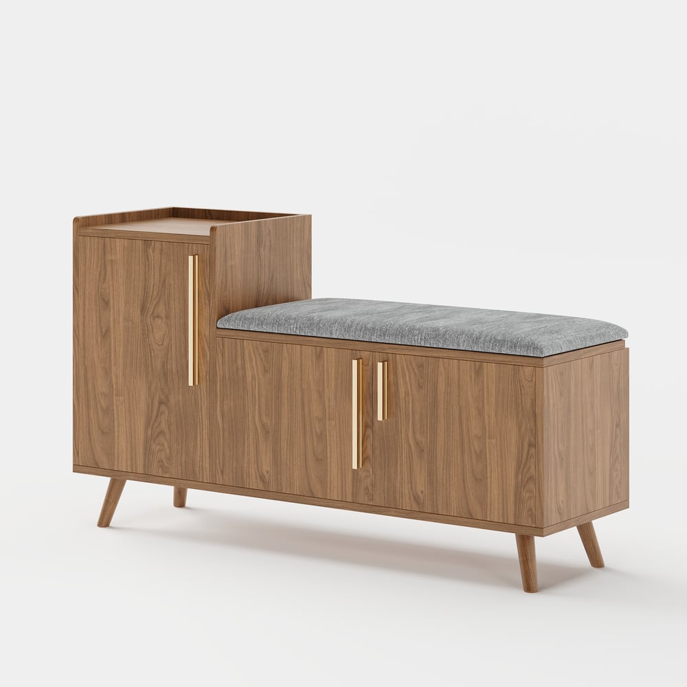 Walnut Wooden Shoe Storage Bench with Left-Side Cabinet for Entryway (1200mm) window image