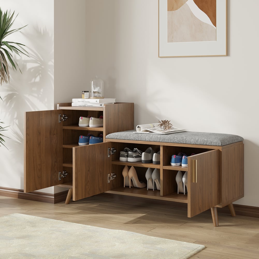 Walnut Wooden Shoe Storage Bench with Left-Side Cabinet for Entryway (1200mm) window image