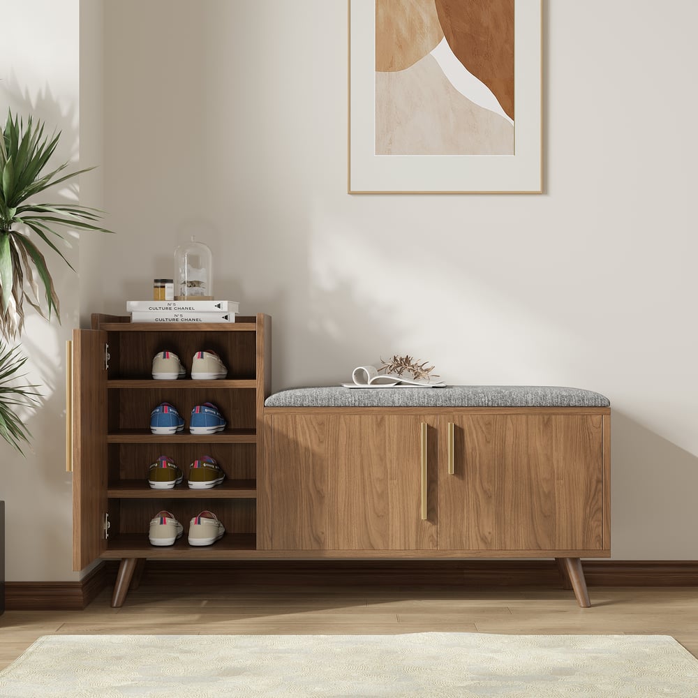 Walnut Wooden Shoe Storage Bench with Left-Side Cabinet for Entryway (1200mm) window image