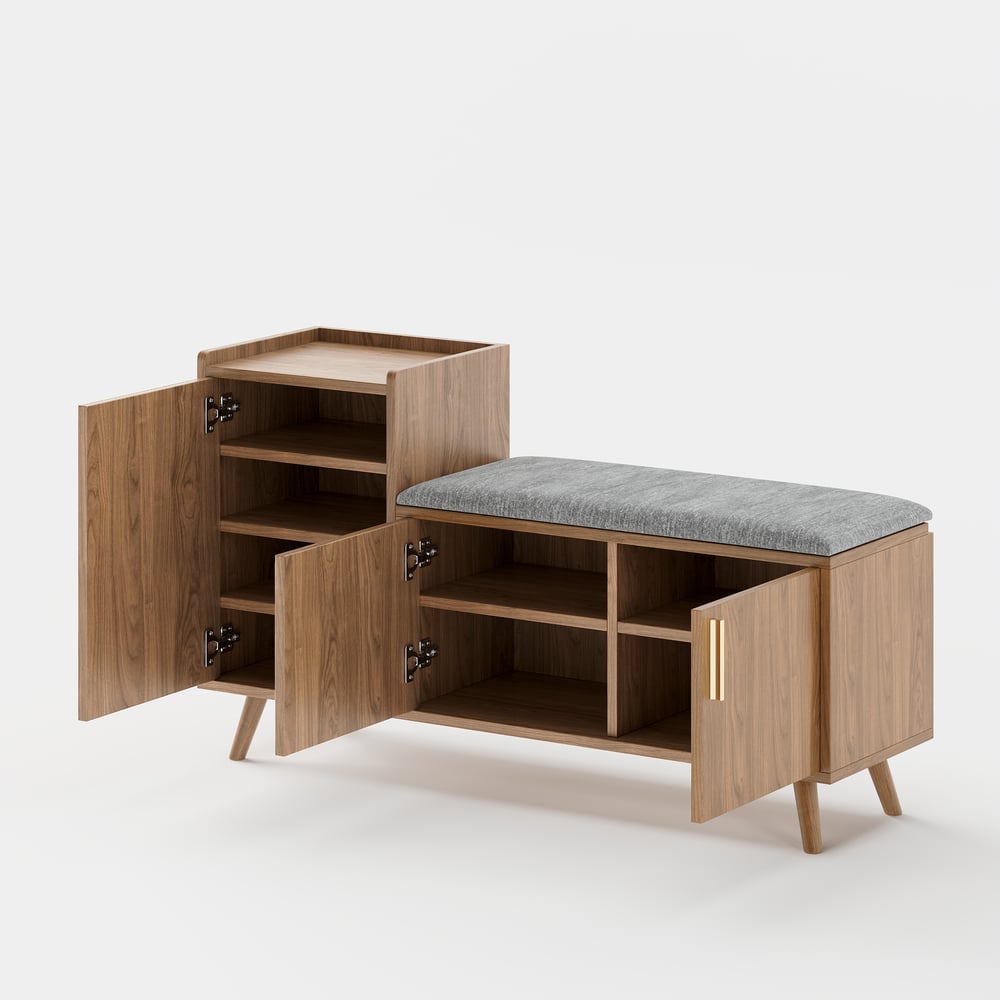 Walnut Wooden Shoe Storage Bench with Left-Side Cabinet for Entryway (1200mm) window image